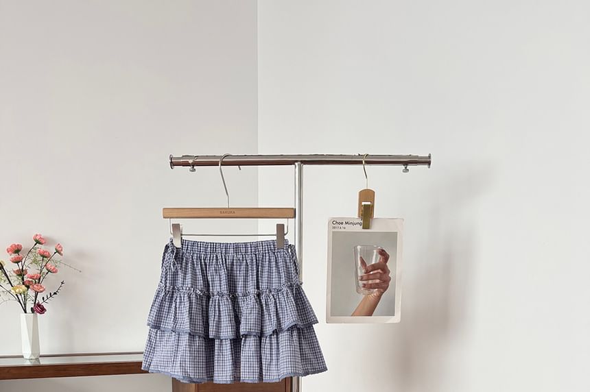 Mid Rise Plaid Lace Trim Ruffle Mini A-Line Skirt