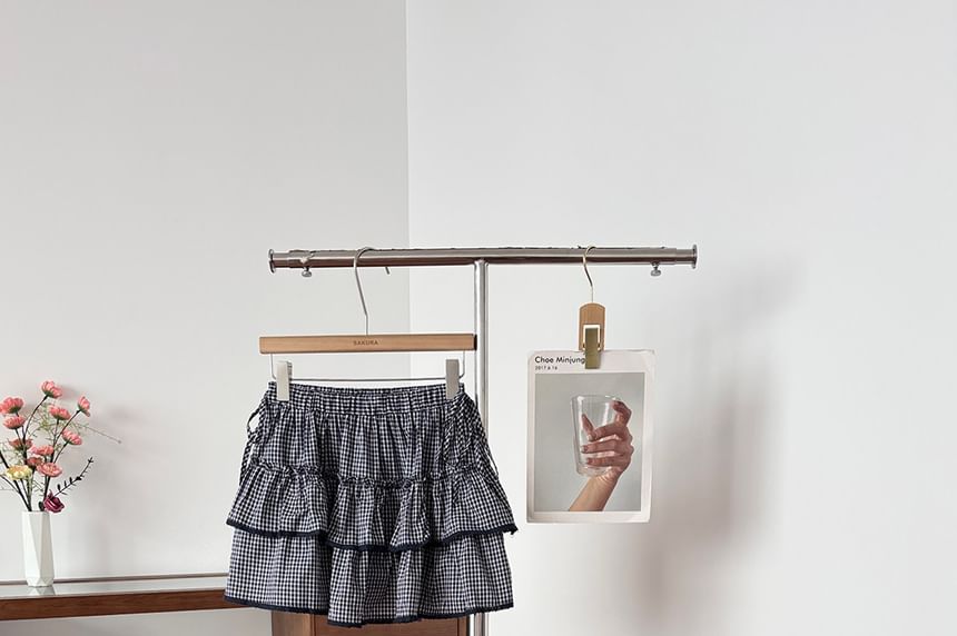 Mid Rise Plaid Lace Trim Ruffle Mini A-Line Skirt