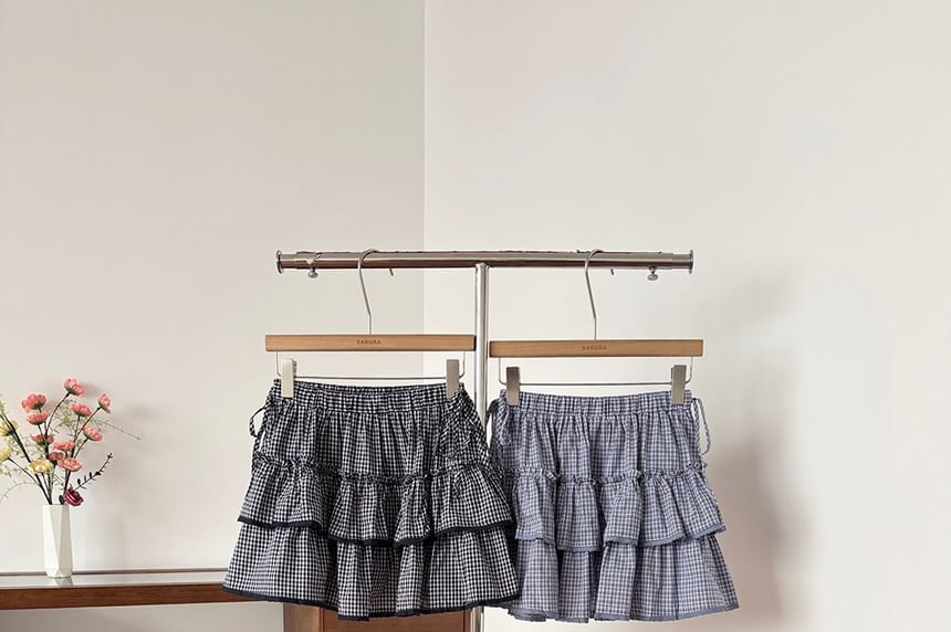 Mid Rise Plaid Lace Trim Ruffle Mini A-Line Skirt