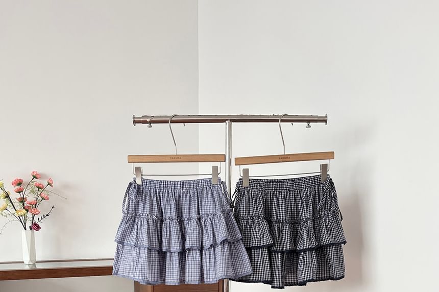 Mid Rise Plaid Lace Trim Ruffle Mini A-Line Skirt
