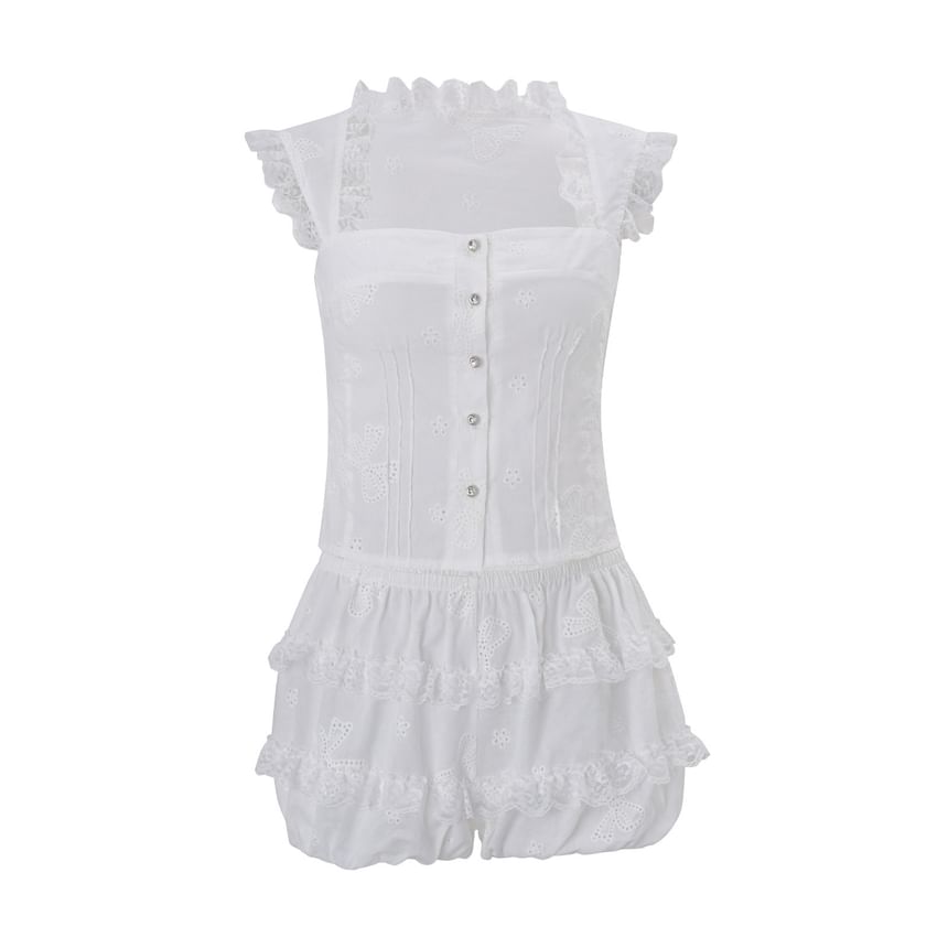 Lace-Trim Button Up Slim-Fit Tank Top / Low Waist Lace Bubble Hem Shorts