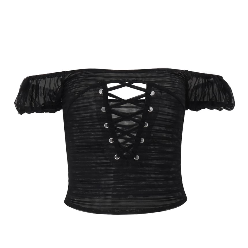 Off Shoulder Plain Lace-Up Crop Top