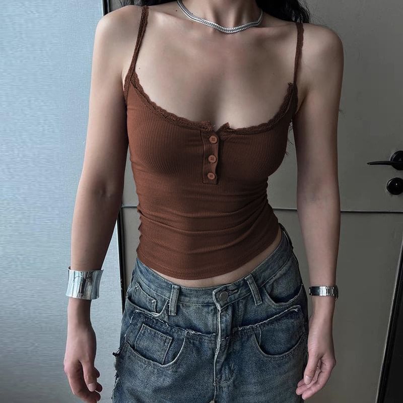 Scoop Neck Lace-Trim Half Button Plain Slim-Fit Crop Camisole Top