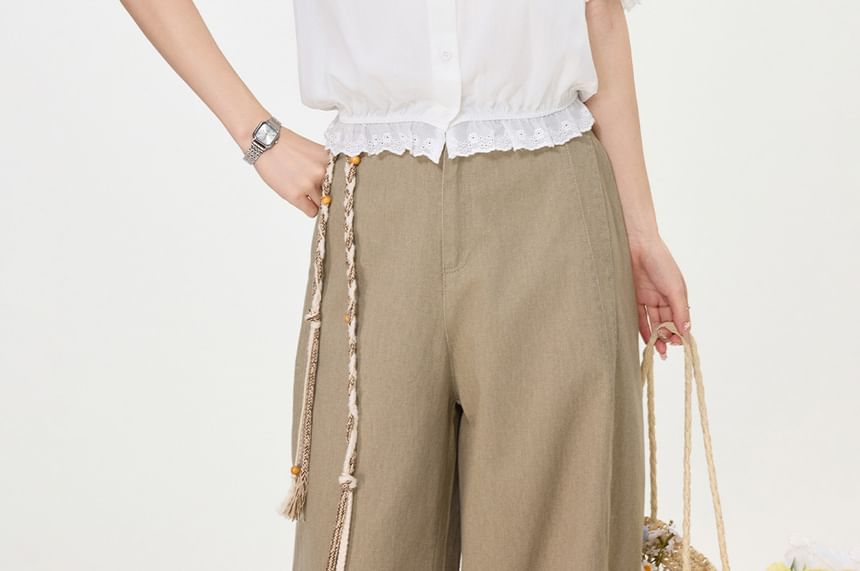 Puff-Sleeve Scoop Neck Plain Lace Trim Blouse
