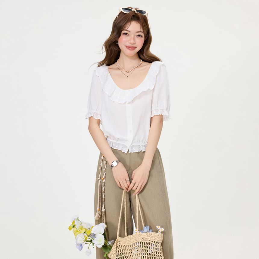 Puff-Sleeve Scoop Neck Plain Lace Trim Blouse
