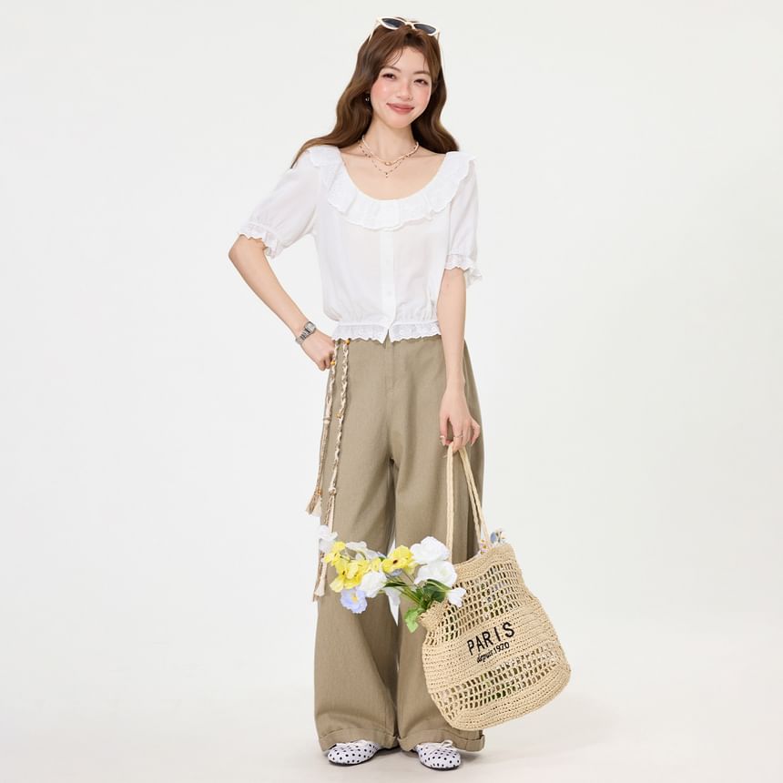 Puff-Sleeve Scoop Neck Plain Lace Trim Blouse
