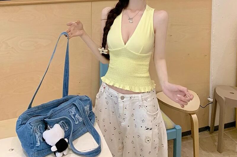 V-Neck Plain Ruffle Lace Trim Tank Top