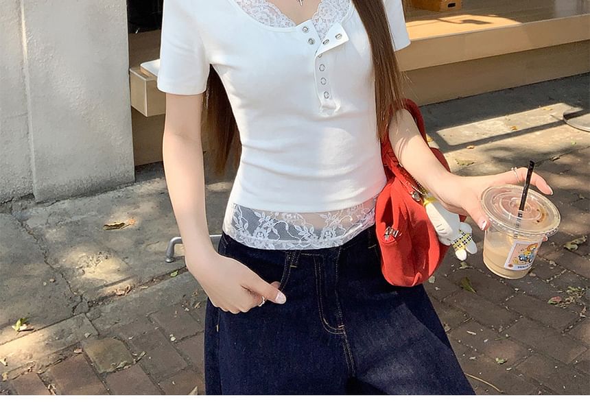 Short-Sleeve Henley Plain Lace Trim Mock Two-Piece T-Shirt