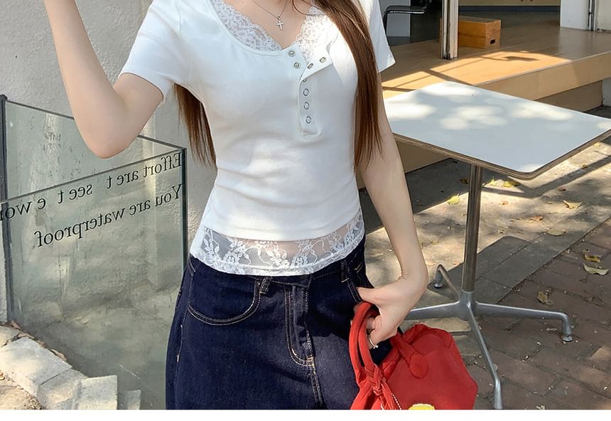 Short-Sleeve Henley Plain Lace Trim Mock Two-Piece T-Shirt