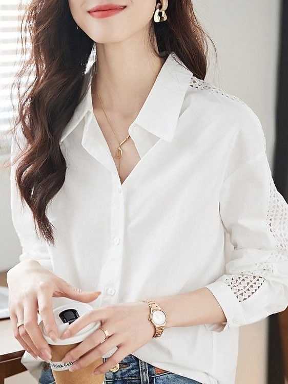 Long-Sleeve Plain Lace Trim Shirt