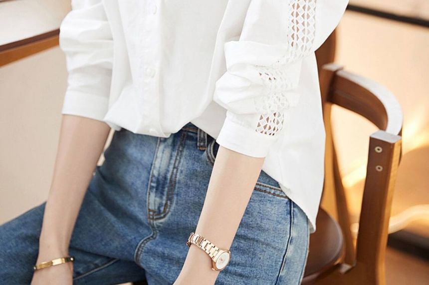 Long-Sleeve Plain Lace Trim Shirt