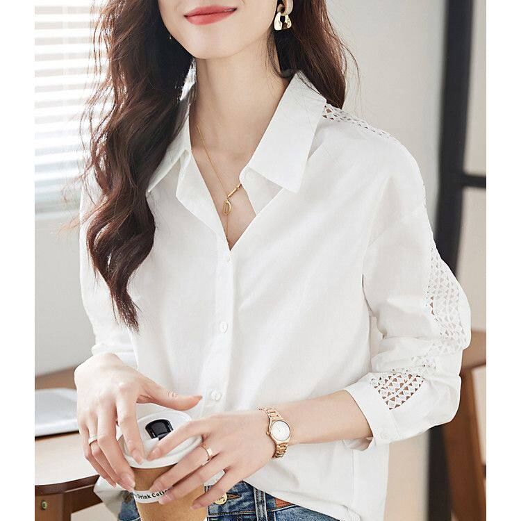 Long-Sleeve Plain Lace Trim Shirt