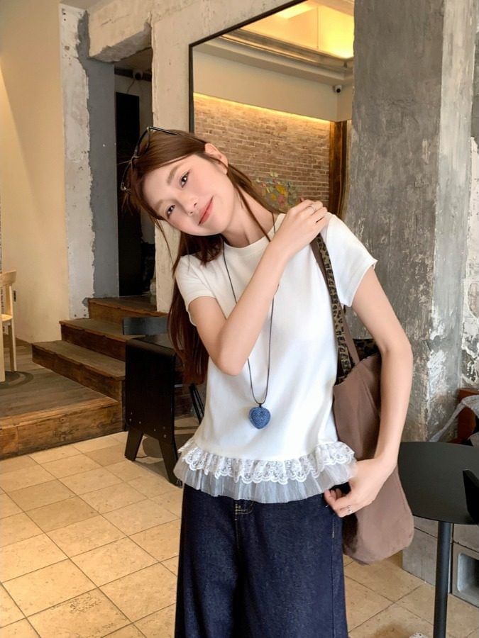 Short-Sleeve Crew Neck Plain Lace Trim T-Shirt