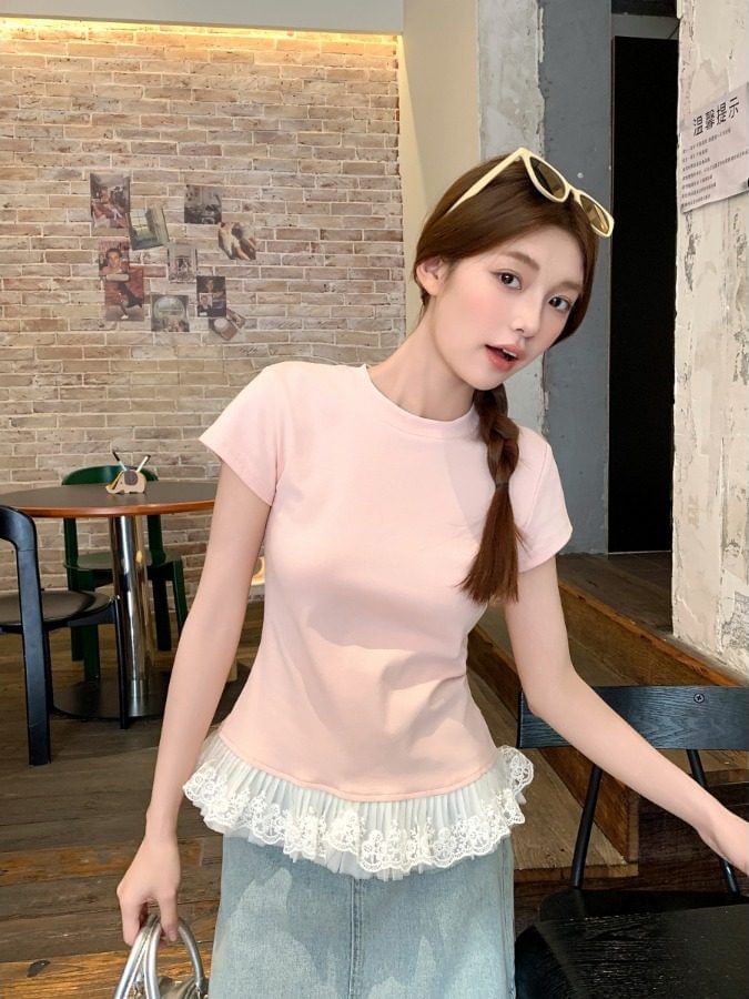 Short-Sleeve Crew Neck Plain Lace Trim T-Shirt