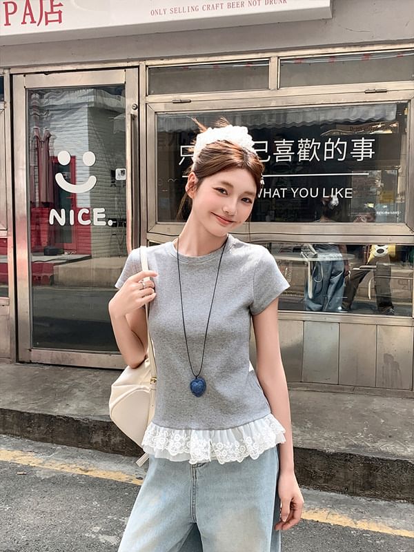 Short-Sleeve Crew Neck Plain Lace Trim T-Shirt