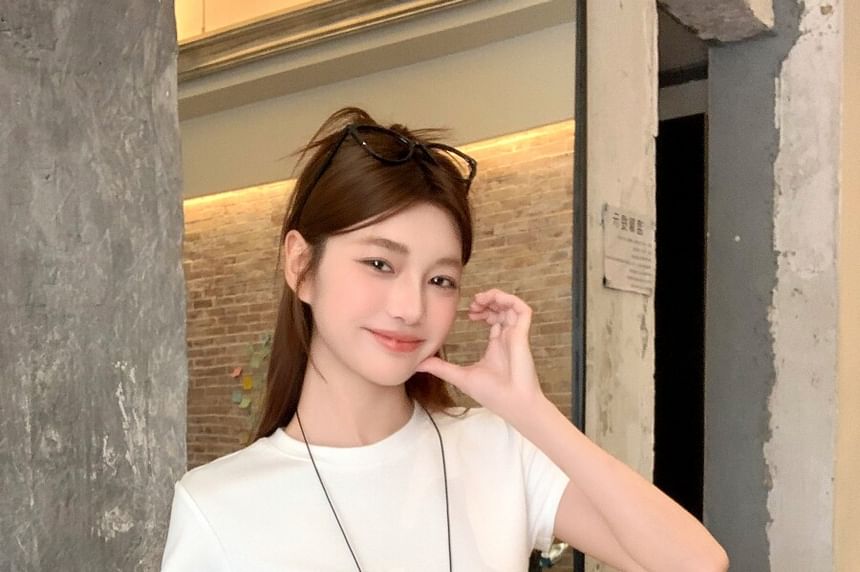 Short-Sleeve Crew Neck Plain Lace Trim T-Shirt