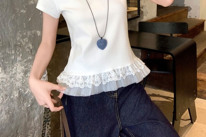Short-Sleeve Crew Neck Plain Lace Trim T-Shirt