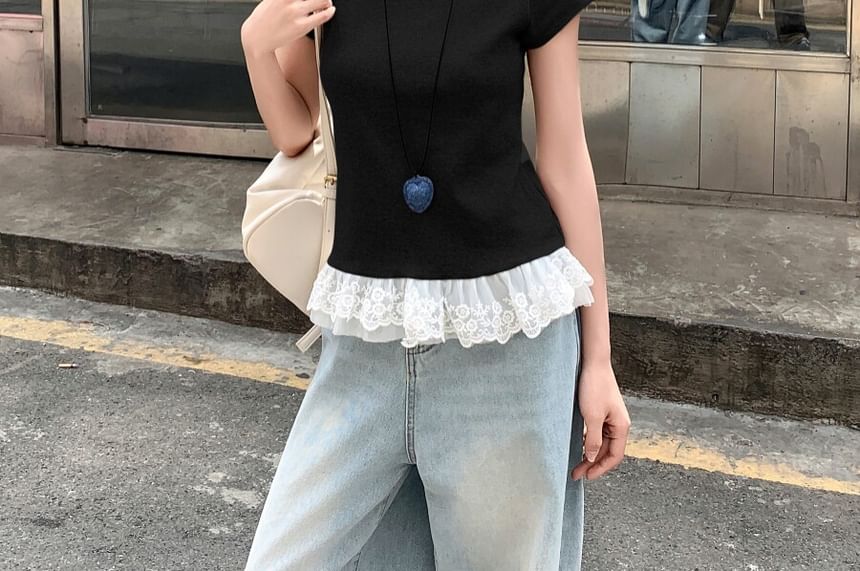 Short-Sleeve Crew Neck Plain Lace Trim T-Shirt