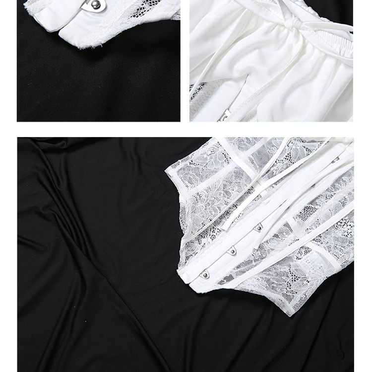 Short-Sleeve Off Shoulder Plain Lace Bustier Top / Mid Rise Maxi A-Line Skirt