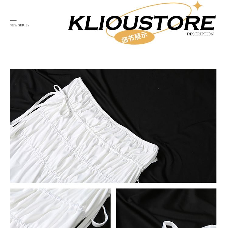 Short-Sleeve Off Shoulder Plain Lace Bustier Top / Mid Rise Maxi A-Line Skirt