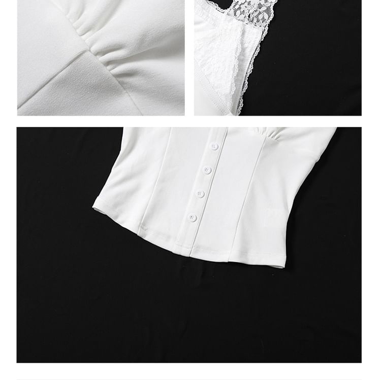 Spaghetti Strap V-Neck Plain Bustier Top / Mid Rise Plain Lace Panel Skorts