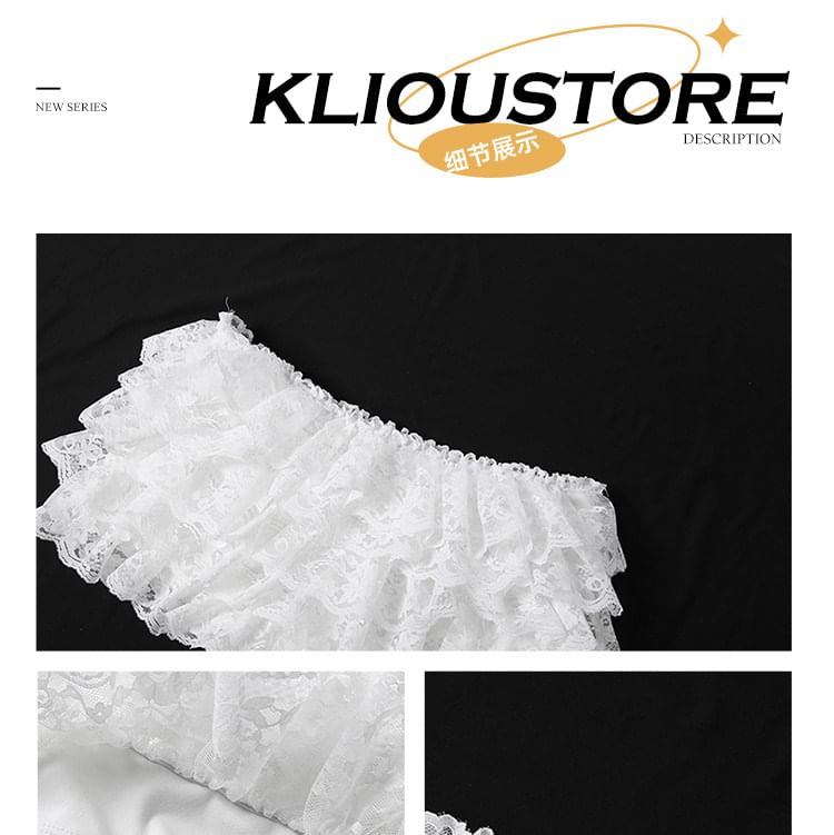 Spaghetti Strap V-Neck Plain Bustier Top / Mid Rise Plain Lace Panel Skorts