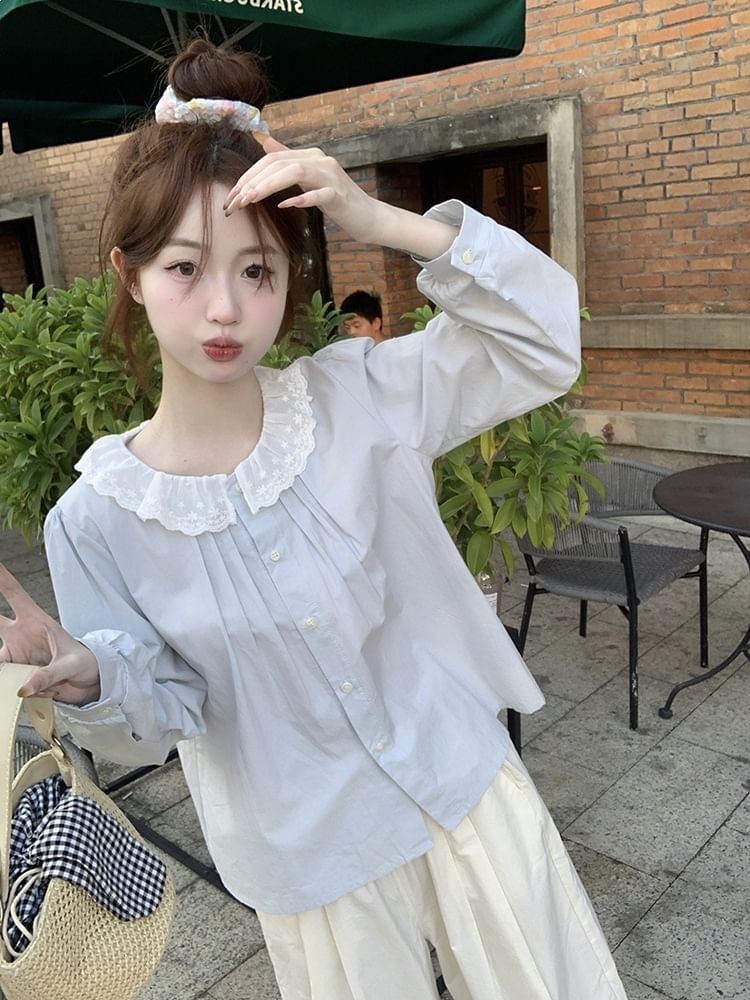 Long-Sleeve Lace Collar Plain Blouse