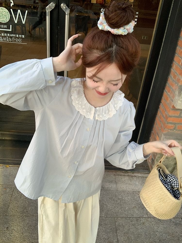 Long-Sleeve Lace Collar Plain Blouse