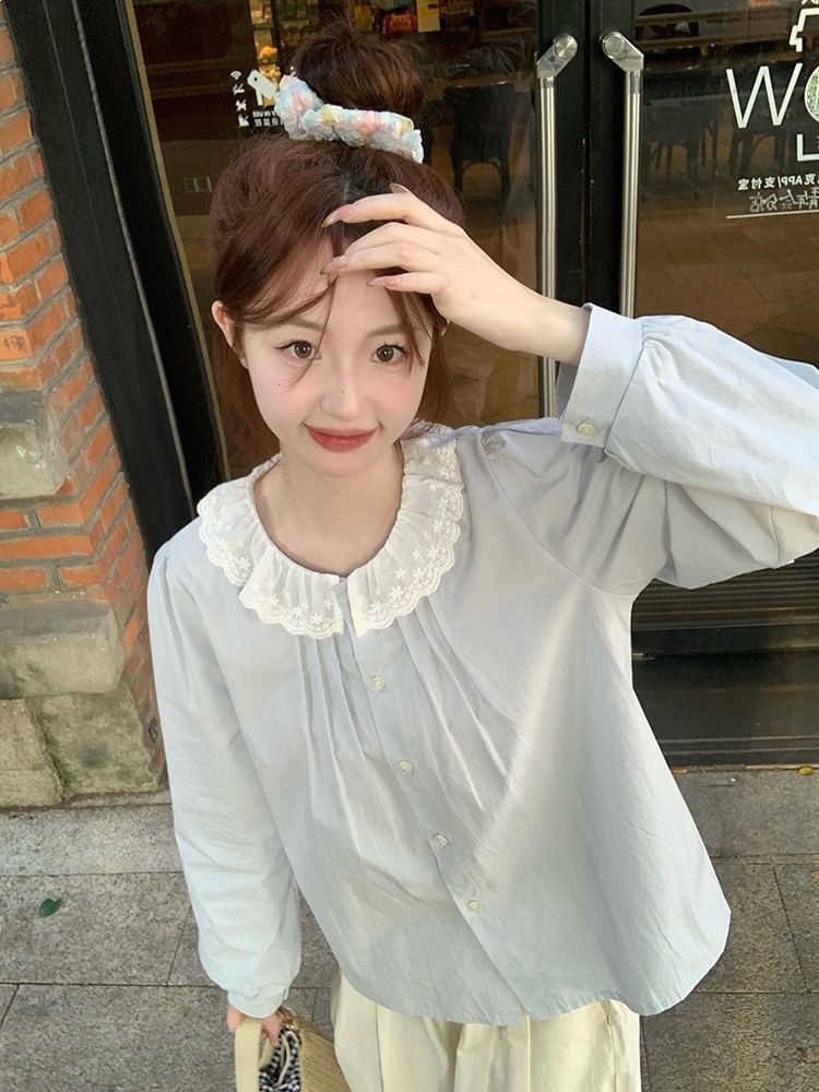 Long-Sleeve Lace Collar Plain Blouse