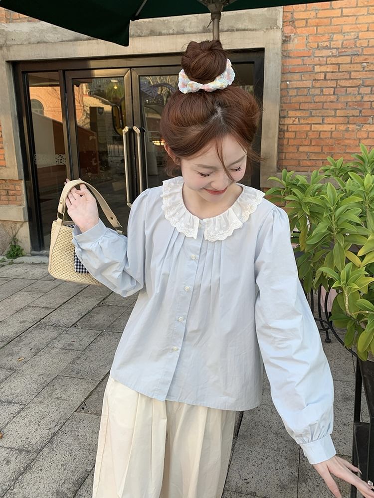 Long-Sleeve Lace Collar Plain Blouse