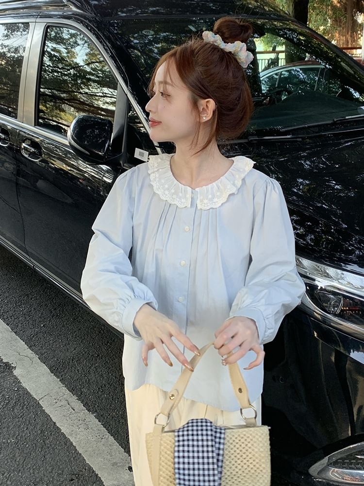 Long-Sleeve Lace Collar Plain Blouse