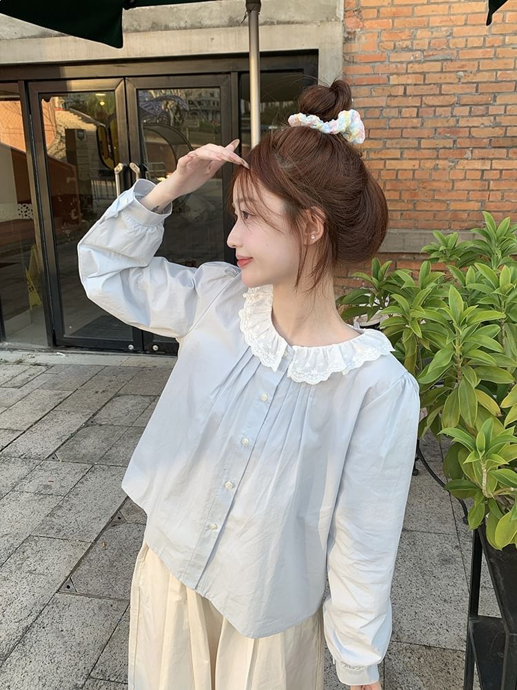 Long-Sleeve Lace Collar Plain Blouse