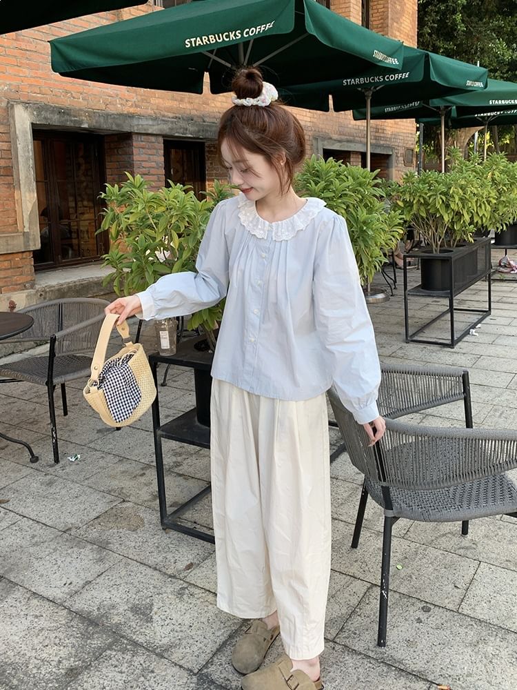 Long-Sleeve Lace Collar Plain Blouse