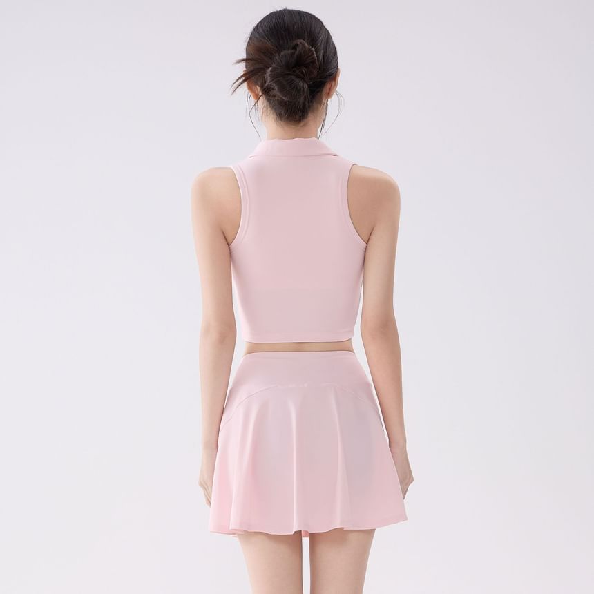 Set: Sleeveless Plain Crop Sport Top + High Waist Mini Skirt