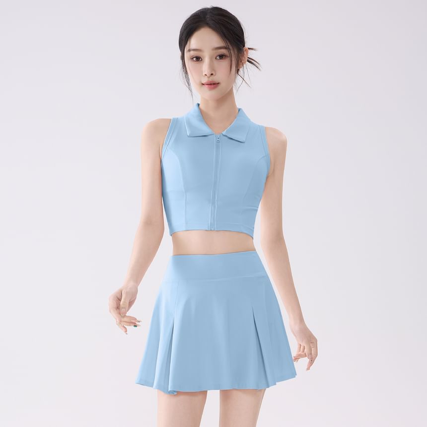 Set: Sleeveless Plain Crop Sport Top + High Waist Mini Skirt