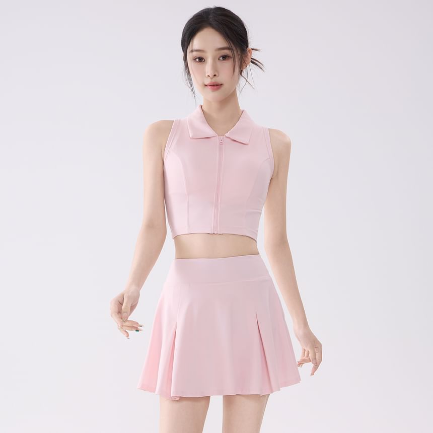 Set: Sleeveless Plain Crop Sport Top + High Waist Mini Skirt