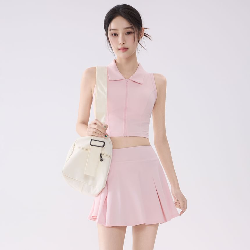 Set: Sleeveless Plain Crop Sport Top + High Waist Mini Skirt