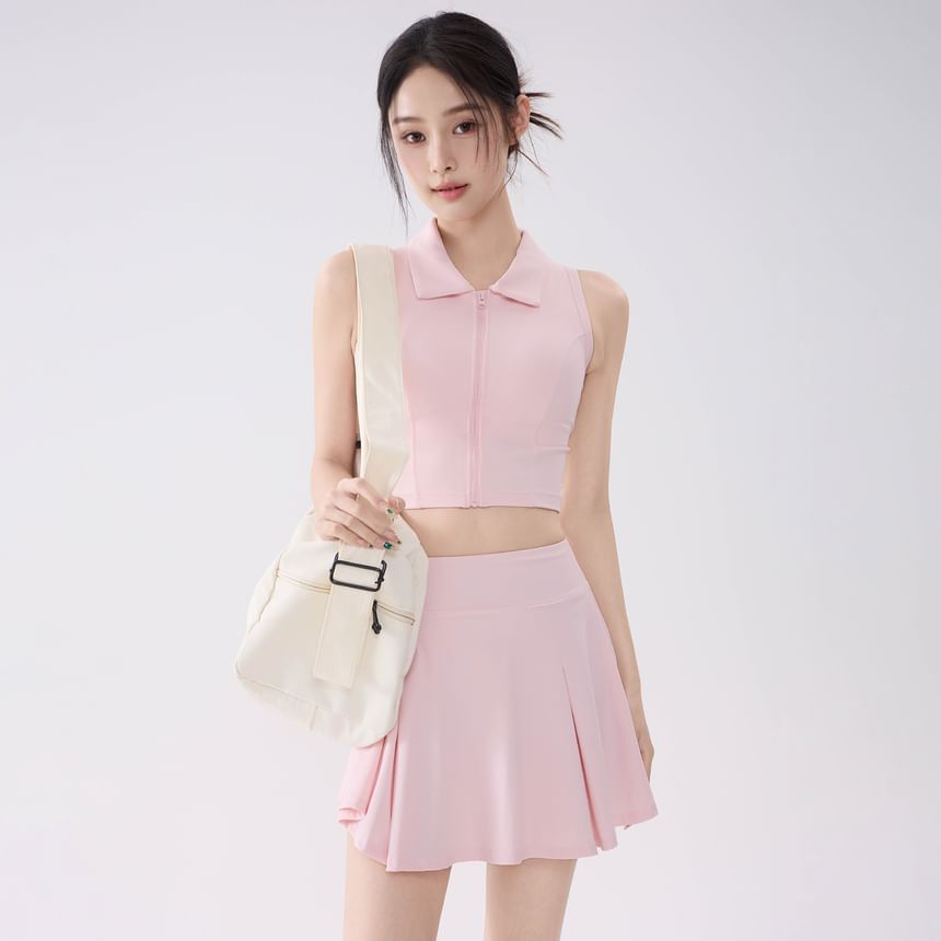 Set: Sleeveless Plain Crop Sport Top + High Waist Mini Skirt
