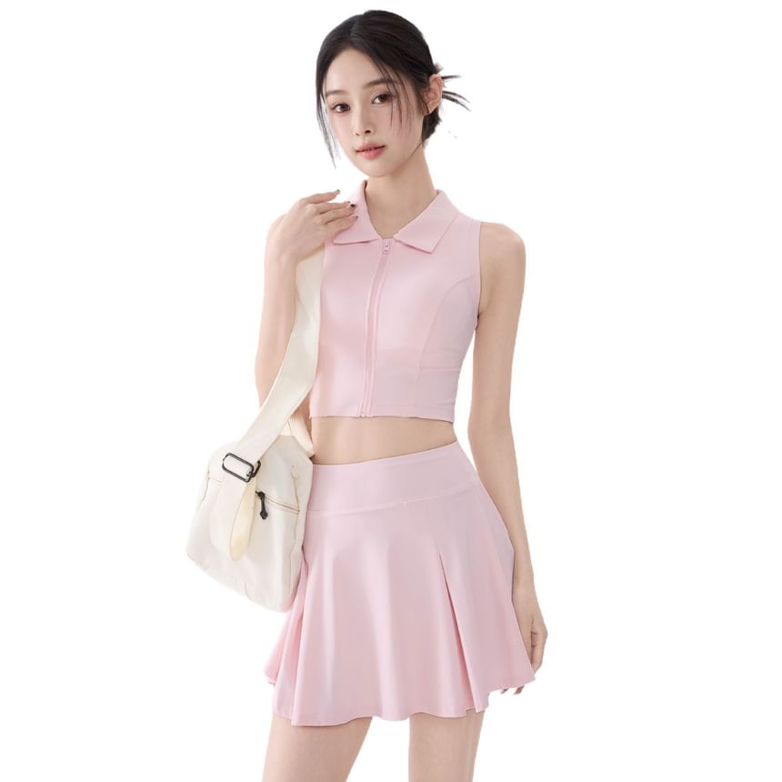 Set: Sleeveless Plain Crop Sport Top + High Waist Mini Skirt