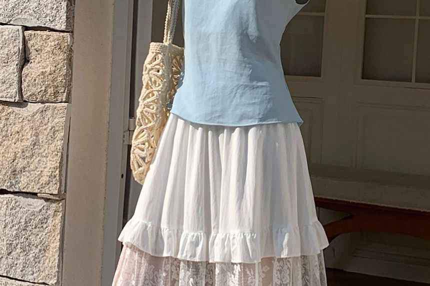 High Waist Plain Ruffle Lace Panel Maxi A-Line Skirt