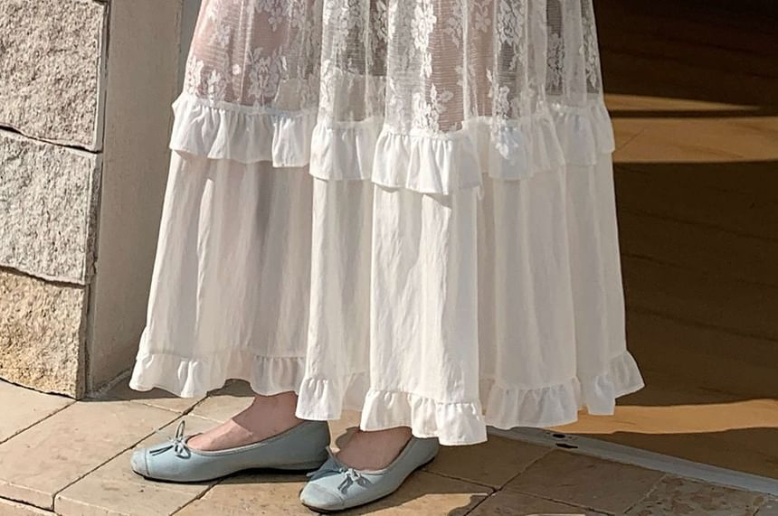 High Waist Plain Ruffle Lace Panel Maxi A-Line Skirt
