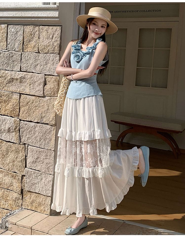 High Waist Plain Ruffle Lace Panel Maxi A-Line Skirt