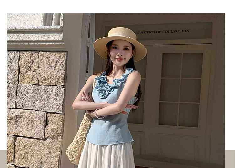 High Waist Plain Ruffle Lace Panel Maxi A-Line Skirt