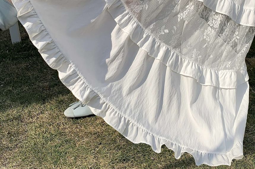 High Waist Plain Ruffle Lace Panel Maxi A-Line Skirt
