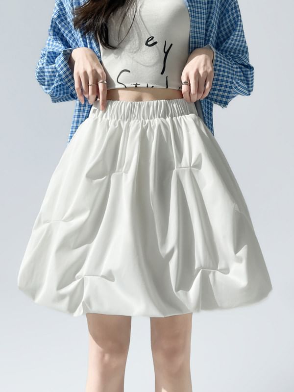 Elastic Waist Plain Ruched A-Line Skirt