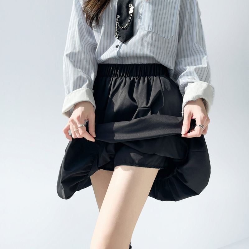 Elastic Waist Plain Ruched A-Line Skirt