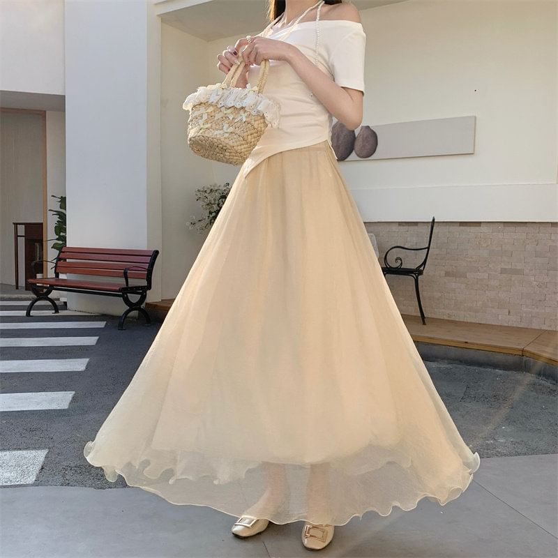 High Waist Plain Maxi A-Line Skirt