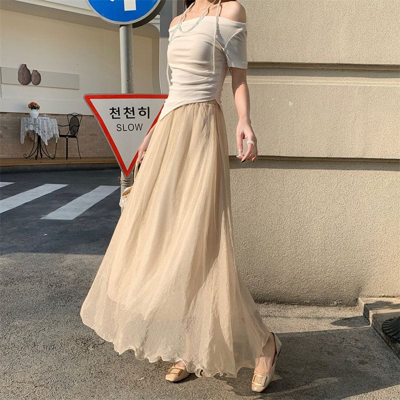 High Waist Plain Maxi A-Line Skirt