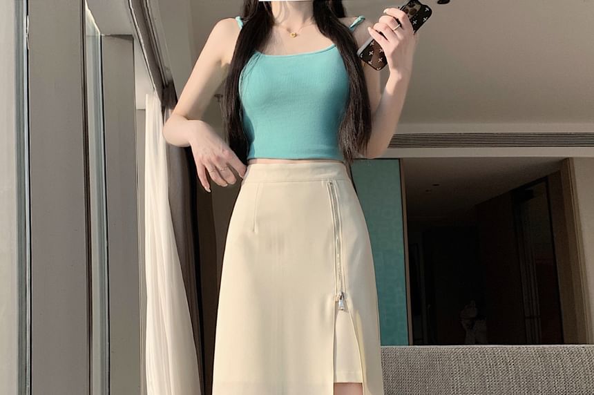 High Waist Plain Side-Slit Maxi A-Line Skirt