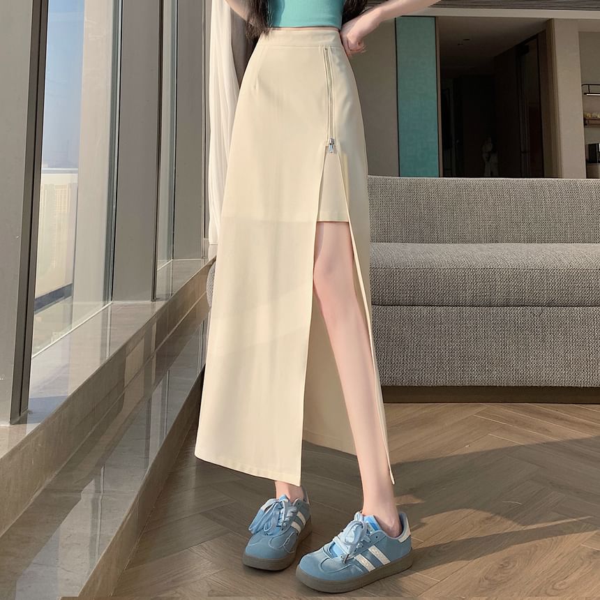 High Waist Plain Side-Slit Maxi A-Line Skirt